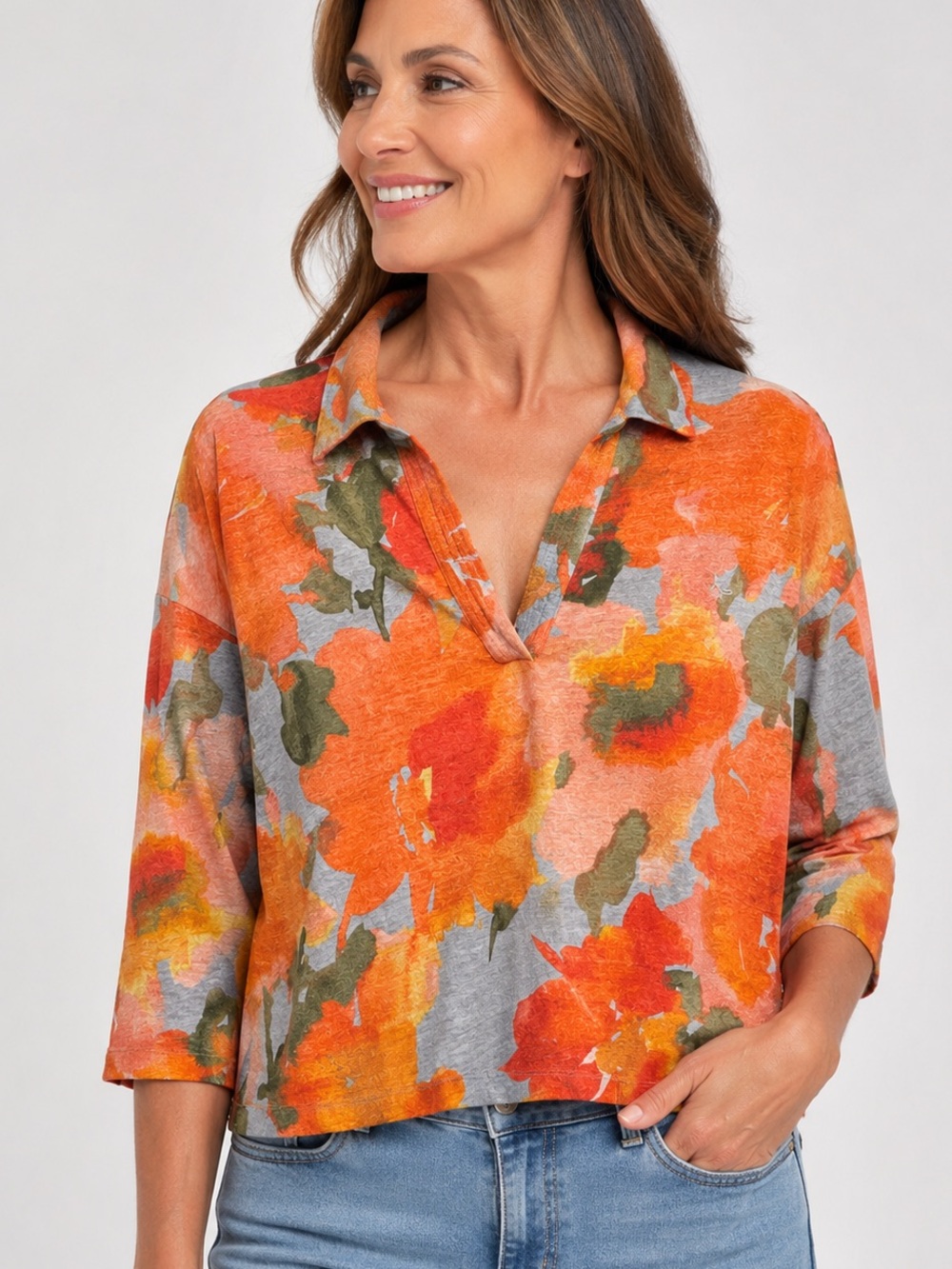 Joie 100% Linen Orange Floral V-Neck Collared Crop Top Large